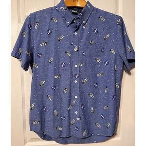 Mad Engine NASA Astronaut Space Print Short Sleeve Button Down Shirt Blue Large